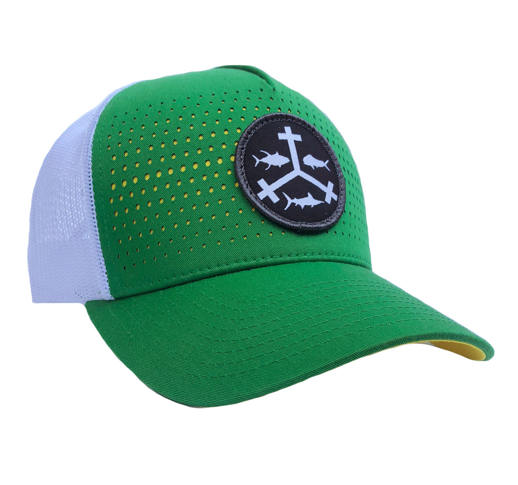 Rogue Outfitters Offshore Trifrecta Trucker Hat (Green, Yellow and White)